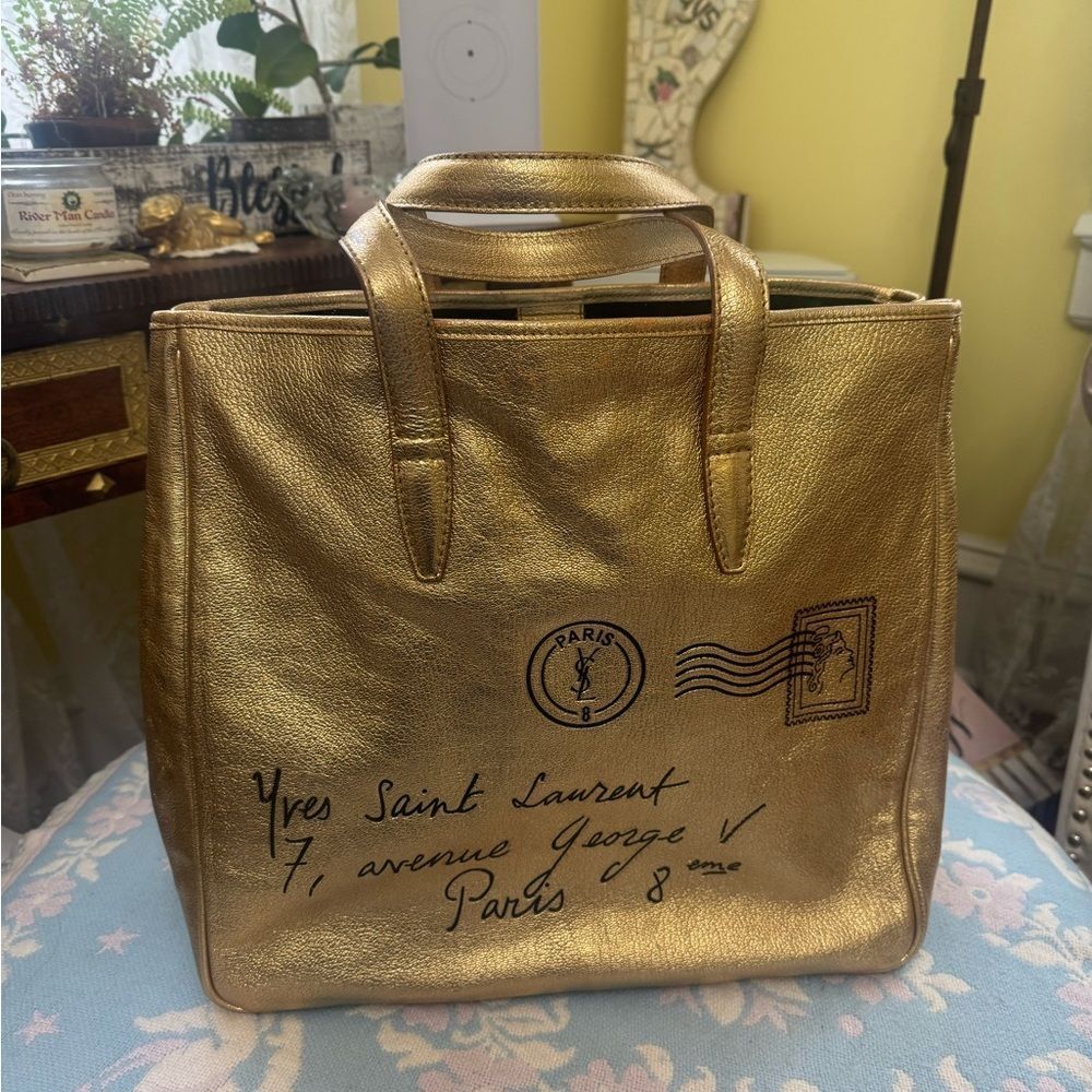 LARGE *Yves Saint Laurent* YSL Paris Metallic Gold Y-Mail Postale Rive’ Gauche - Picture 3 of 16